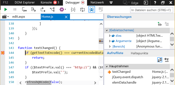 Debugger mit Ergebnissen des ausgelösten Haltepunkts.