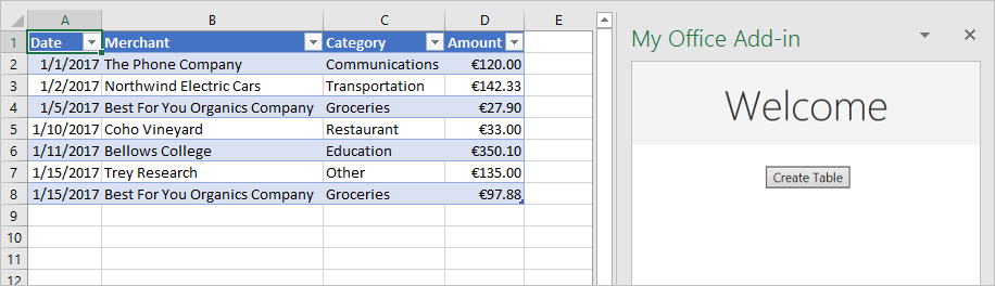 Excel zeigt einen Add-In-Aufgabenbereich mit der Schaltfläche Tabelle erstellen und eine Tabelle im Arbeitsblatt mit Daten aus Datum, Händler, Kategorie und Menge auf.