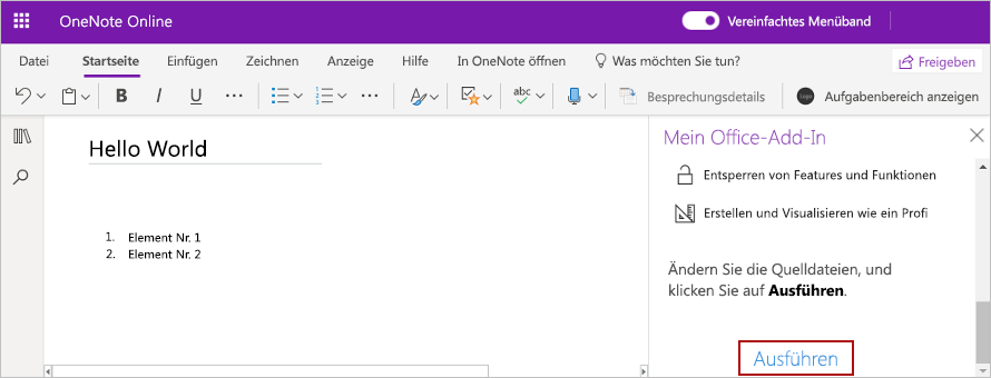 Das aus dieser exemplarischen Vorgehensweise erstellte Add-In, bei dem die Menübandschaltfläche Aufgabenbereich anzeigen verwendet wurde, um den Aufgabenbereich in OneNote zu öffnen.