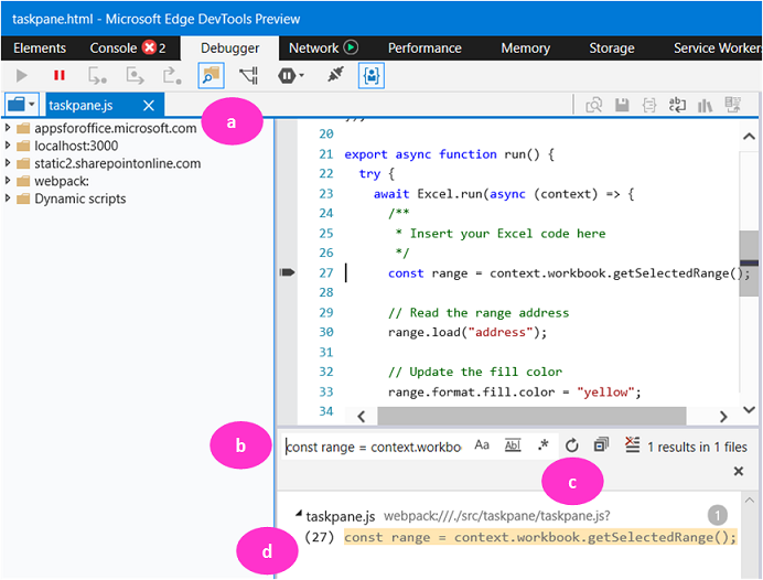 Edge DevTools-Debugregisterkarte mit vier Teilen mit den Bezeichnungen A bis D.