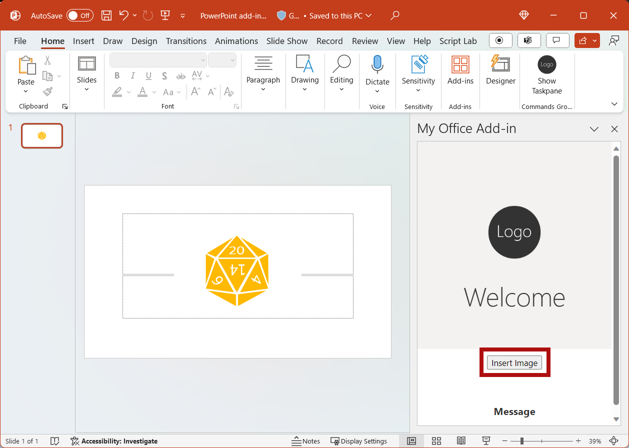 Das PowerPoint Add-In mit hervorgehobener Schaltfläche Bild einfügen.