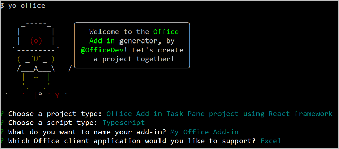 Die Befehlszeilenschnittstelle des Yeoman Office-Add-In-Generators, wobei der Projekttyp auf das React Framework festgelegt ist.