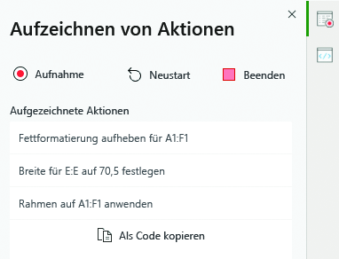 Eine Liste der vom Aktionsrekorder aufgezeichneten Aktionen.