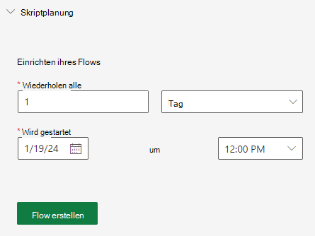 Der Aufgabenbereich Code Editor, in dem die Wiederholungsintervalloptionen für die Planung eines Skripts angezeigt werden.