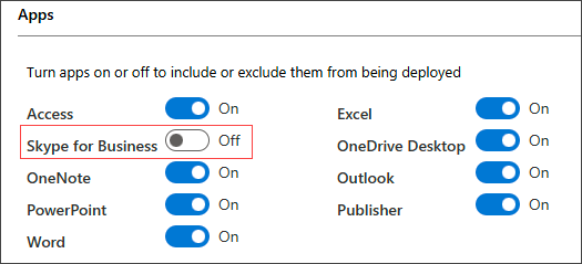 Screenshot der Konfigurationsoptionen im Office-Anpassungstool mit Umschaltflächen zum Ein- oder Ausschließen von Apps wie Skype for Business, Outlook und Excel von der Bereitstellung.