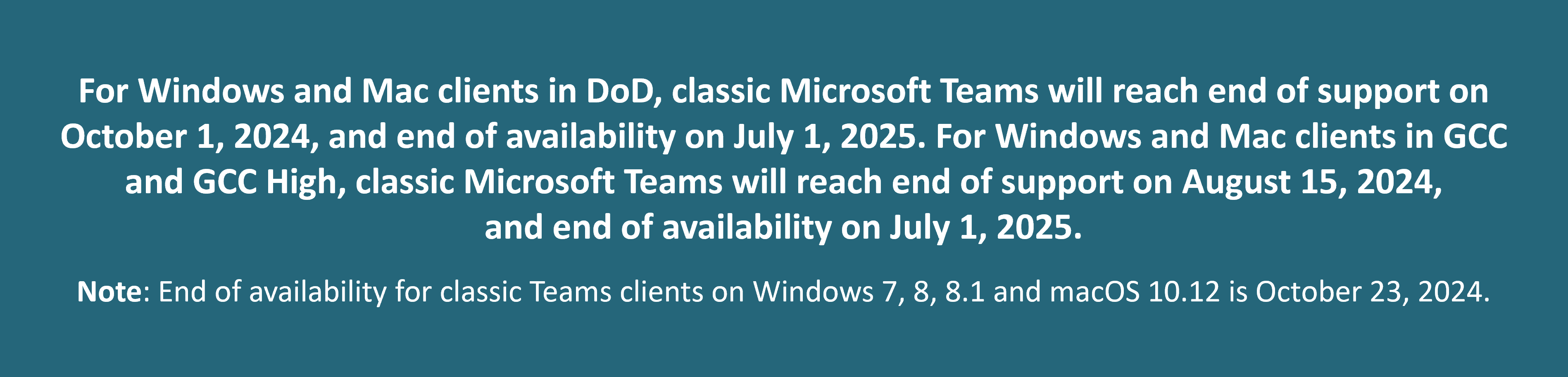 Screenshot eines Banners, das über das Ende des Supports für klassische Teams informiert