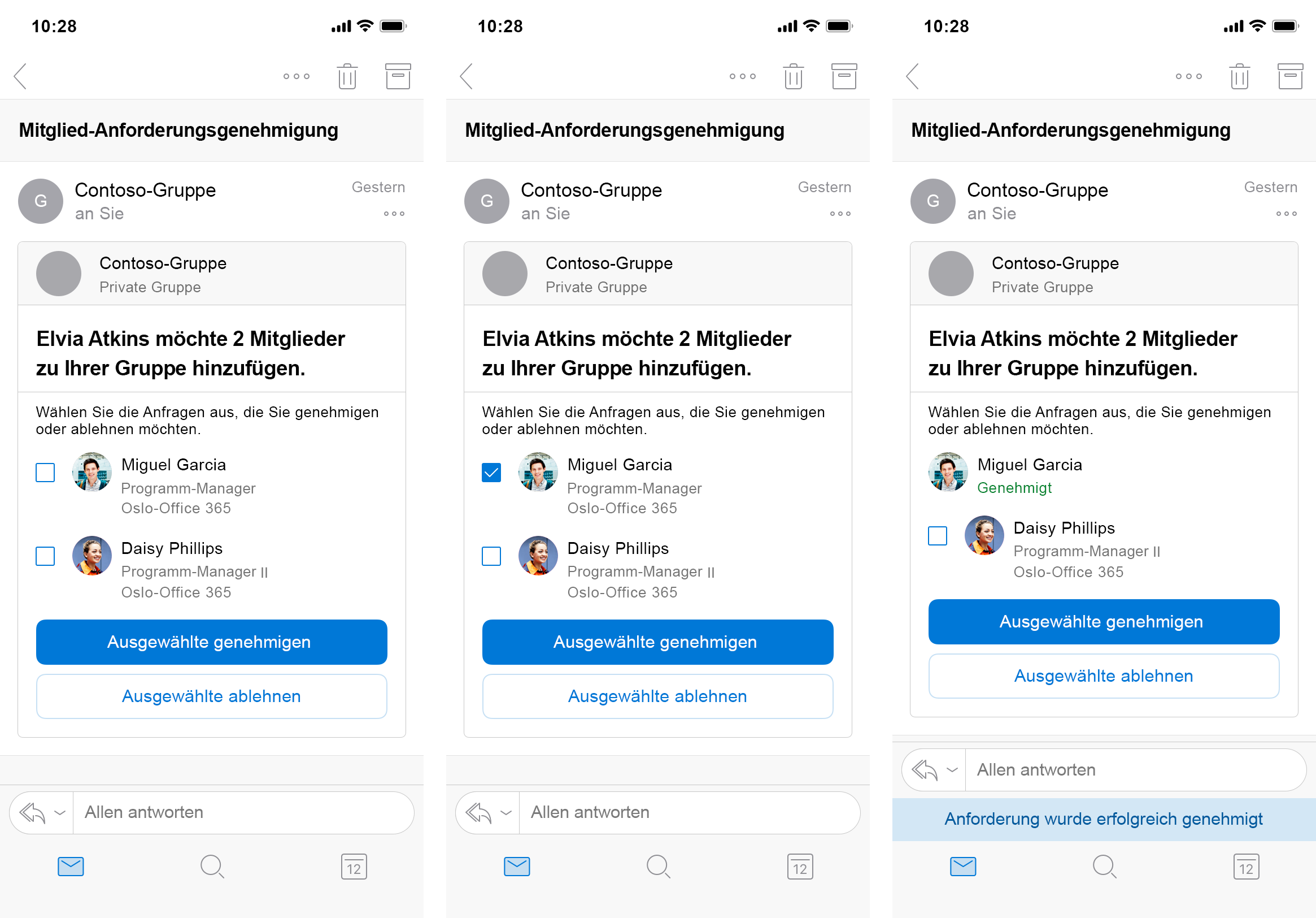 Eine in Outlook für iOS gerenderte Nachrichtenkarte für das Hinzufügen von Gruppenmitgliedern, das die Genehmigung des ersten angeforderten Mitglieds zeigt.