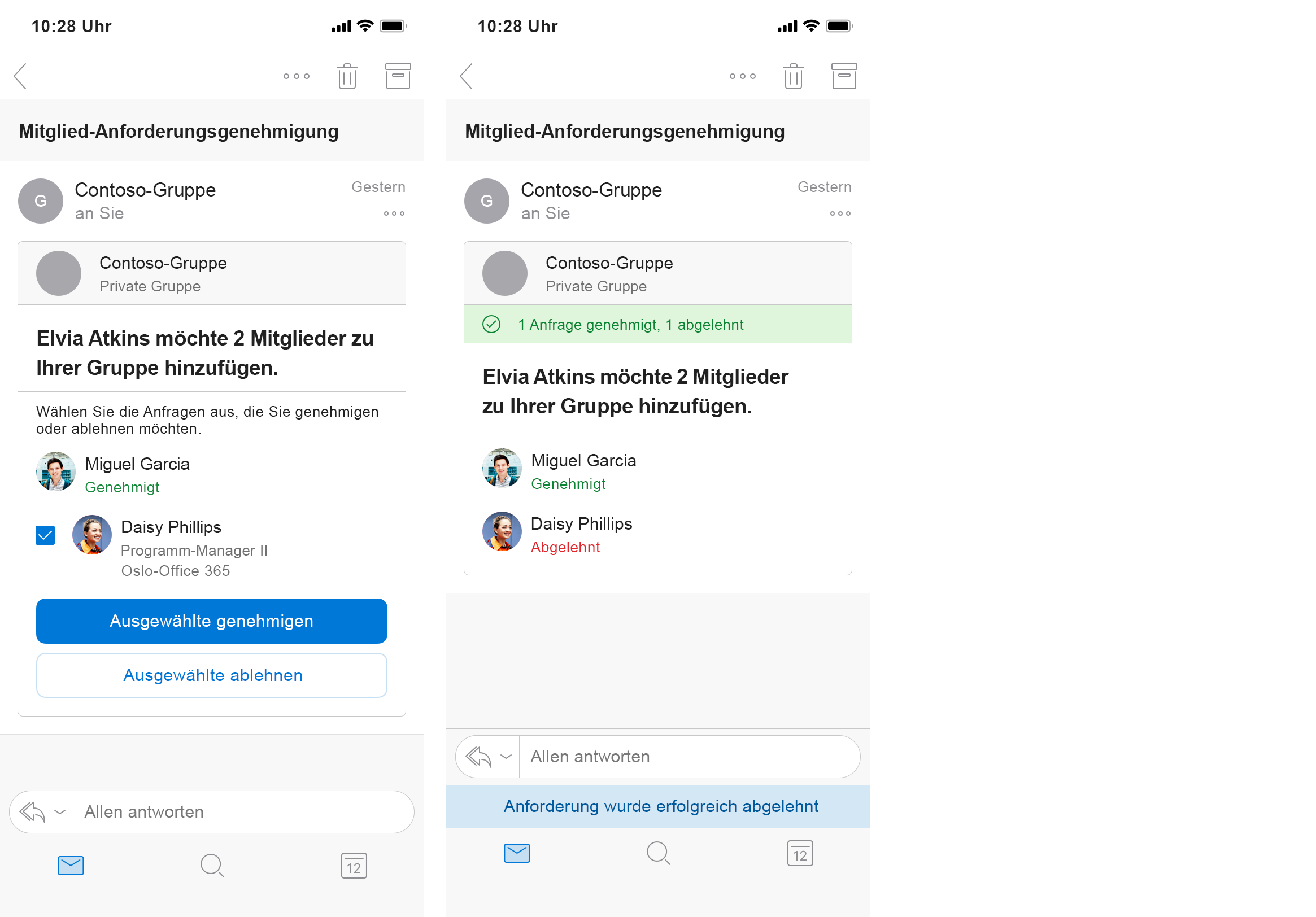 Eine in Outlook für iOS gerenderte Nachrichtenkarte für das Hinzufügen von Gruppenmitgliedern, das die Ablehnung des zweiten angeforderten Mitglieds zeigt.