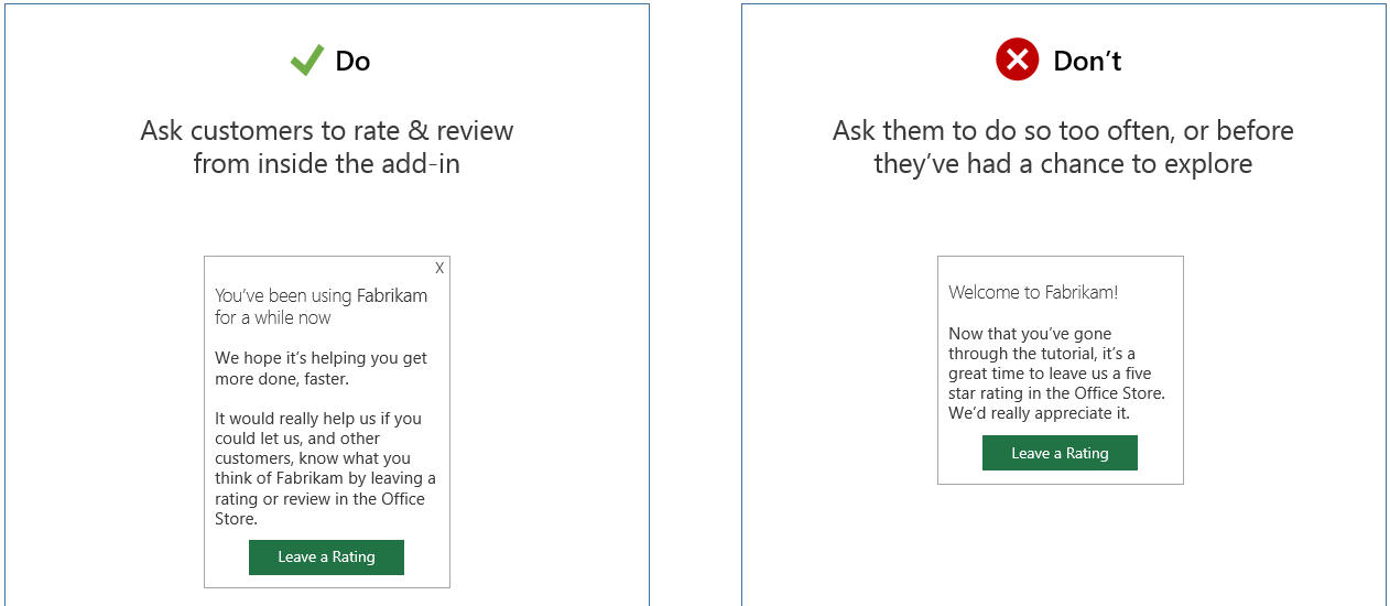 Abbildung, die eine Bewertungsaufforderung innerhalb eines Add-Ins neben einer Aufforderung zeigt, die nach einem Tutorial angezeigt wird.