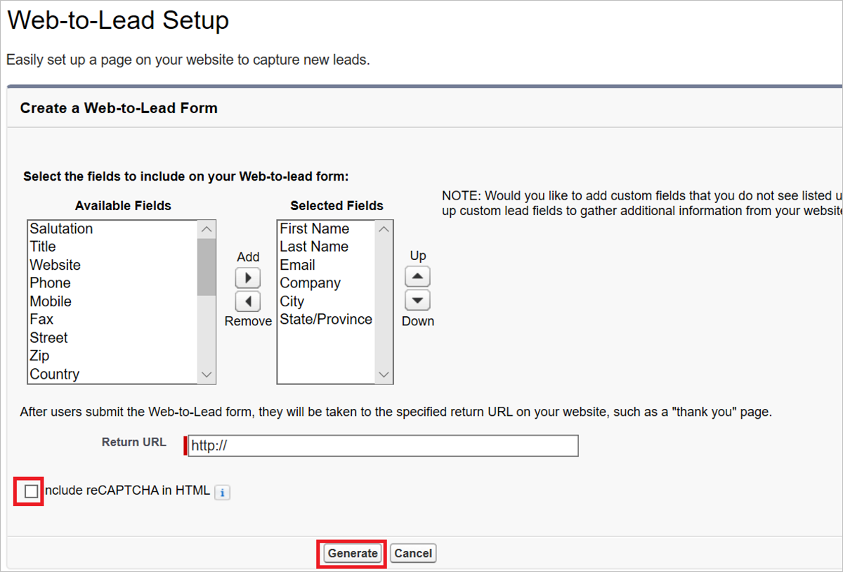 Bereich zum Erstellen eines Web-to-Lead-Formulars in Salesforce