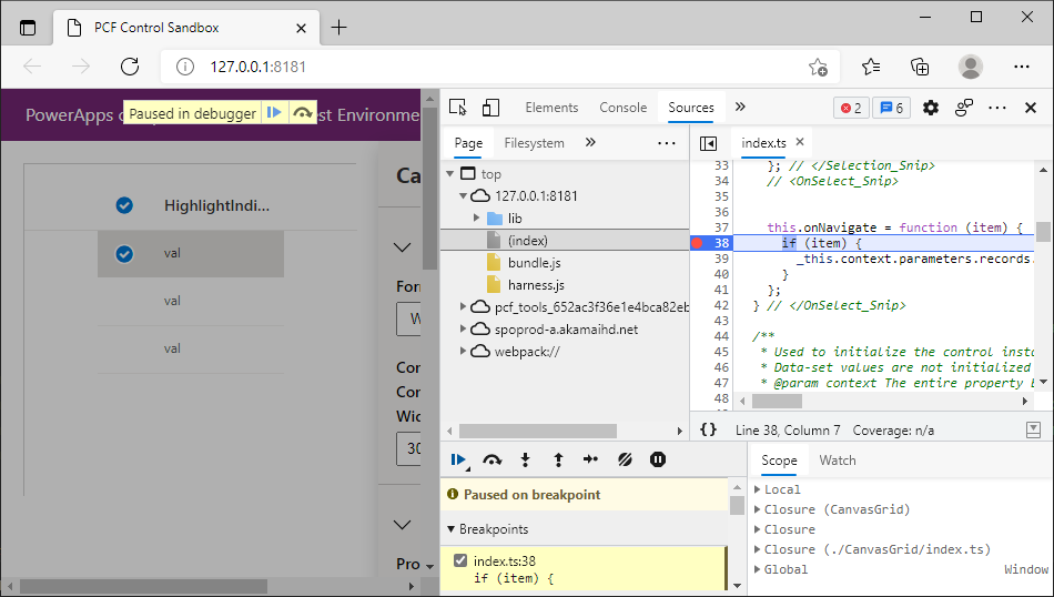 OnNavigate in index.ts mit Canvasdatenraster debuggen