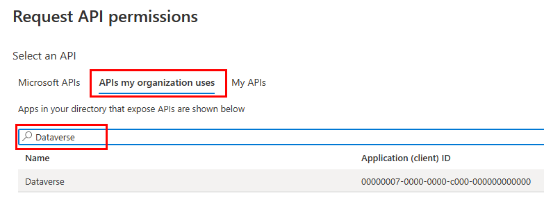 Suchen Sie nach Dataverse in APIs, die meine Organisation verwendet