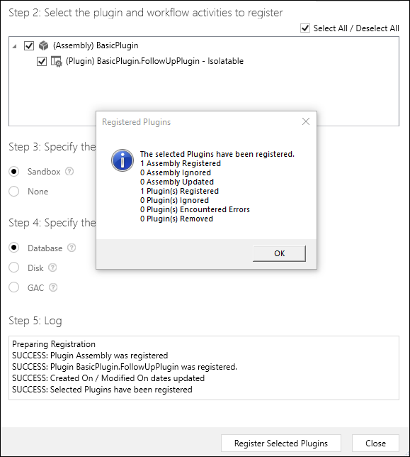 Bestätigungsdialogfeld für registriertes Plug-In.