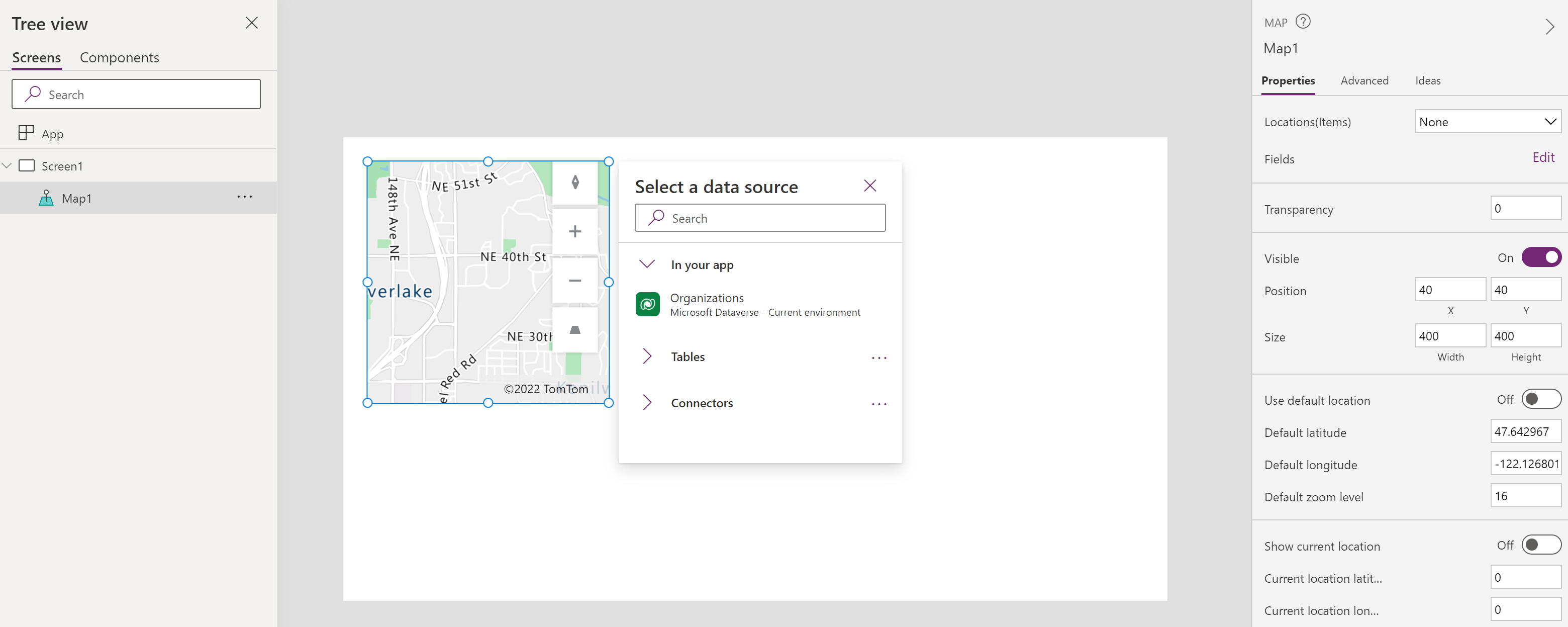 Ein Screenshot einer Tablet-App, in der ein Kartensteuerelement im Aufbau in Microsoft Power Apps Studio ist.