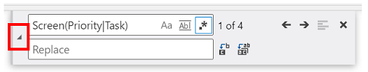 Das Symbol zum Reduzieren des Ersetzungsmodus auf der linken Seite des Steuerelements Find and Replace vor den Texteingabebereichen