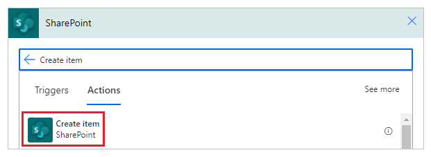 Suche oder auswählen der Aktion Element erstellen