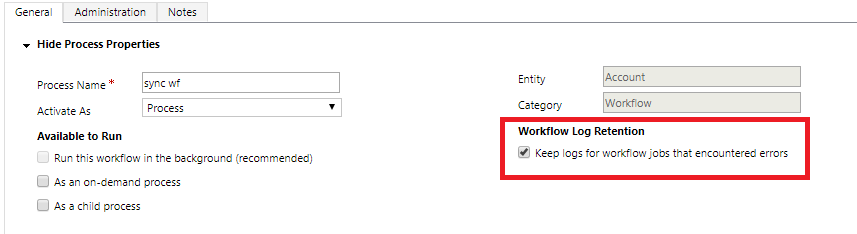 Option „Protokolle für Workflowaufträge, in denen Fehler aufgetreten sind“