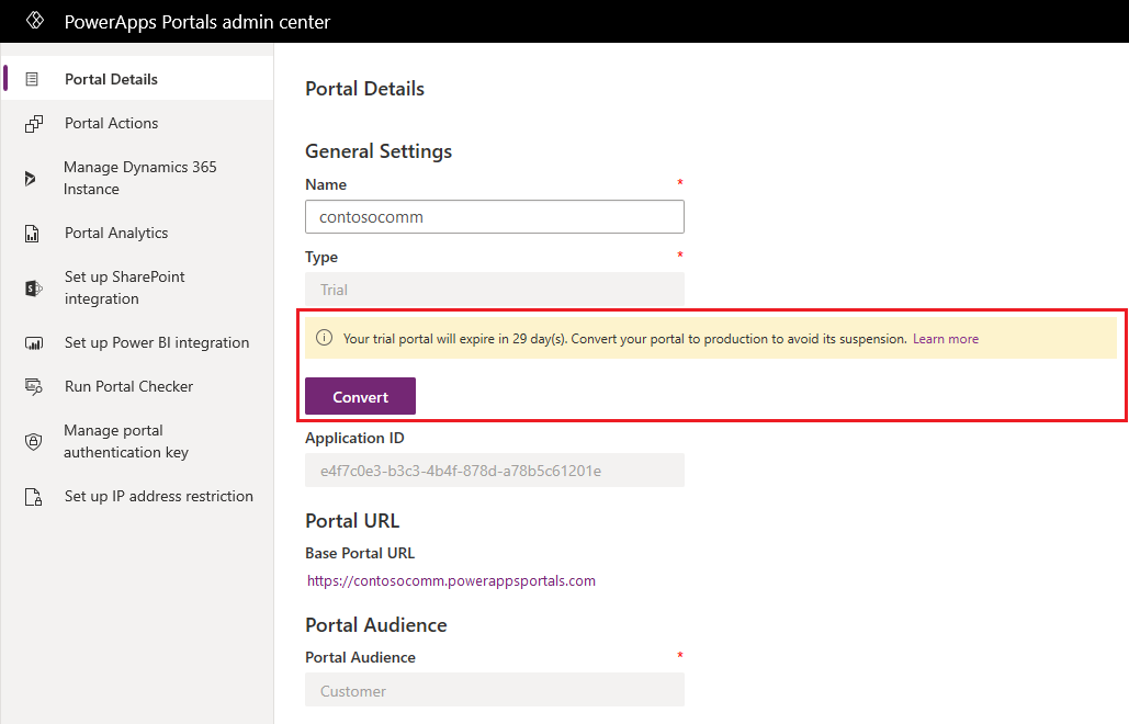 Benachrichtigung über Testversion auf der Registerkarte „Portaldetails“