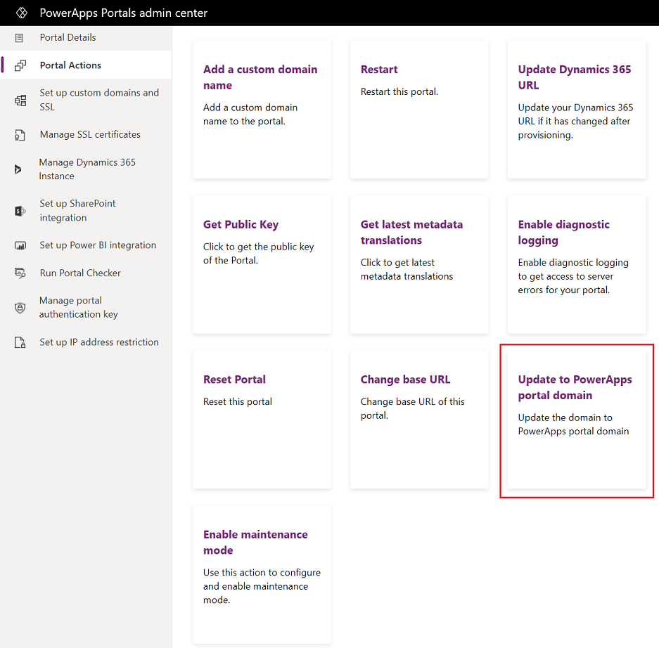 Zu Power Apps Portaldomäne aktualisieren – Portalaktionen