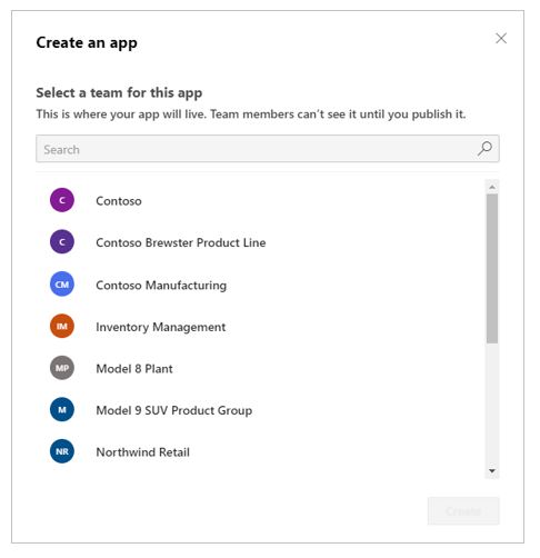 Wählen Sie ein Team zur Erstellung der App aus.