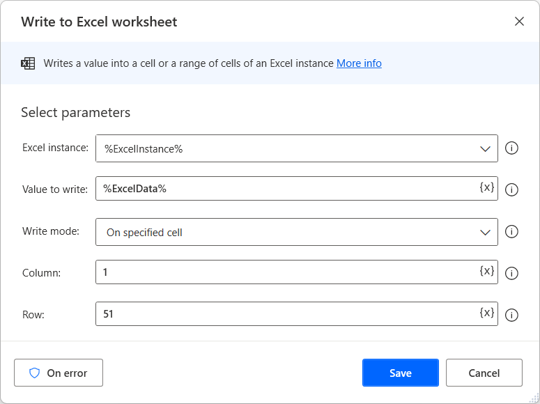 Screenshot der Aktion „In Excel-Arbeitsblatt schreiben“.