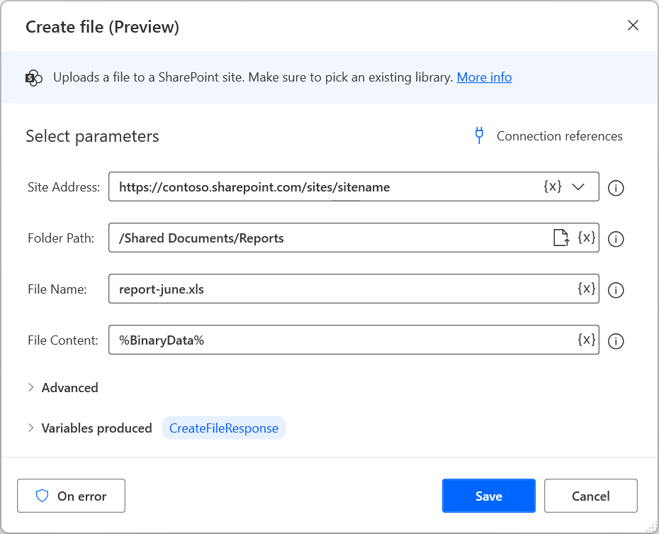 Screenshot mit der Sharepoint-Aktion „Datei erstellen“.