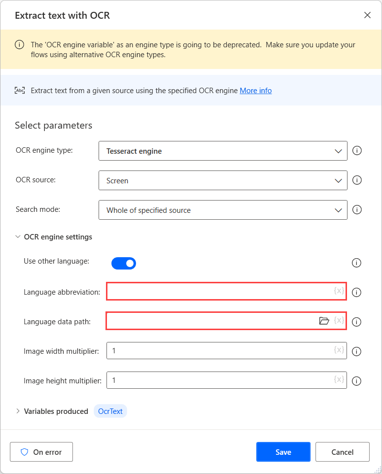 Screenshot der Felder „Abkürzung für Sprache“ und „Sprachdatenpfad“ in der Aktion „Text mit OCR extrahieren“.