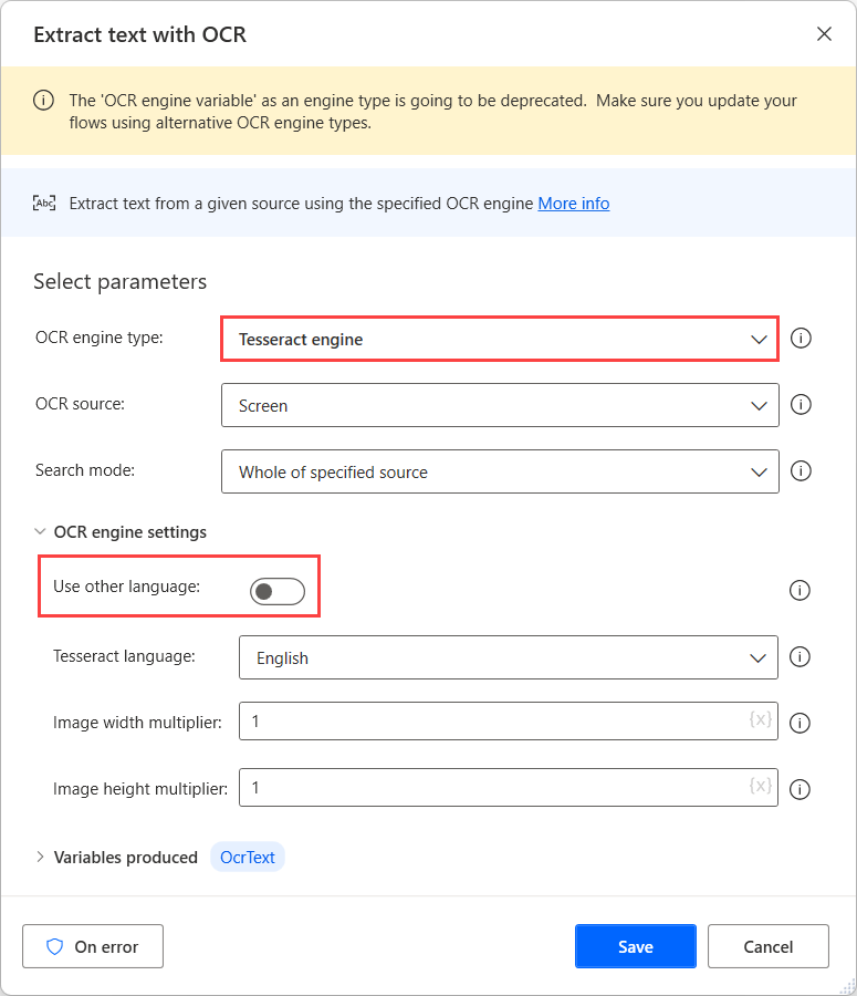 Screenshot der Option „Andere Sprachen verwenden“ in der Aktion „Text mit OCR extrahieren“.