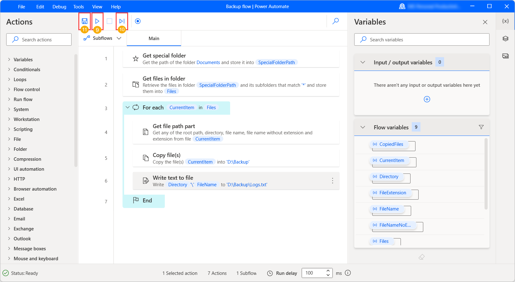 Screenshot des endgültigen Flows und der Schaltflächen „Ausführen“, „Nächste Aktion ausführen“ und „Speichern“