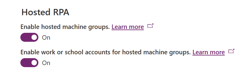 Screenshot der Option „Geschäfts-, Schul- oder Unikonto für gehostete Computergruppen aktivieren“ im Power Platform Admin Center.