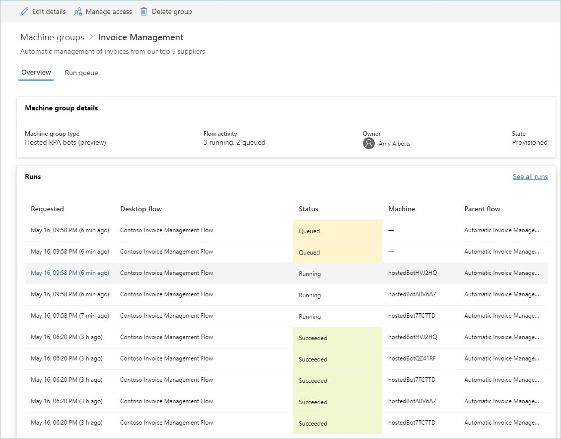 Screenshot der in der Warteschlange befindlichen Desktop-Flows nach der Bereitstellung eines neuen Bots