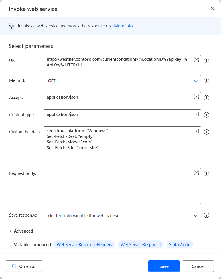 Screenshot der Aktion „Webdienst aufrufen“.