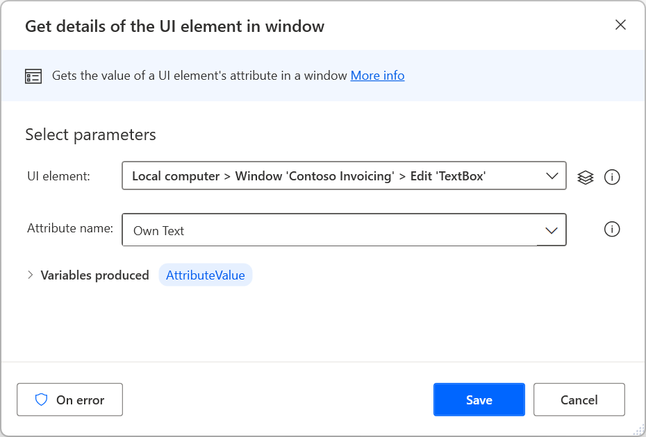 Screenshot der Aktion „Details eines UI-Elements im Fenster abrufen“.