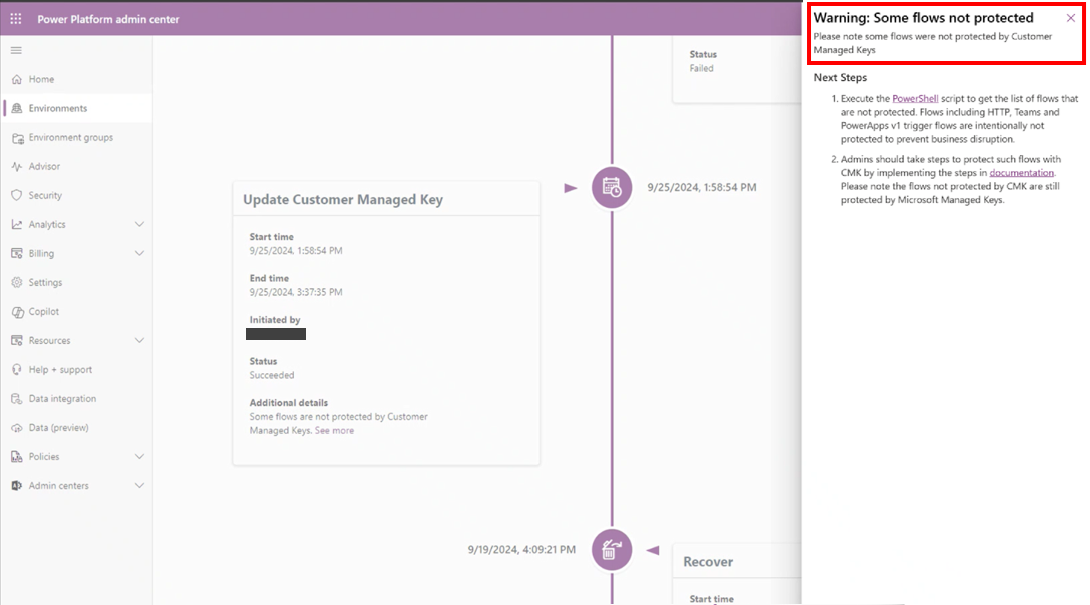 Screenshot der Warnmeldung im Power Platform Admin Center.