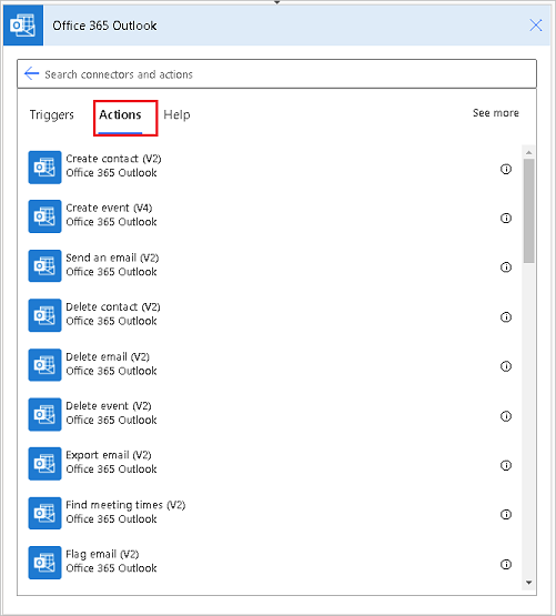 Screenshot einer Teilliste der Office 365 Outlook-Aktionen.