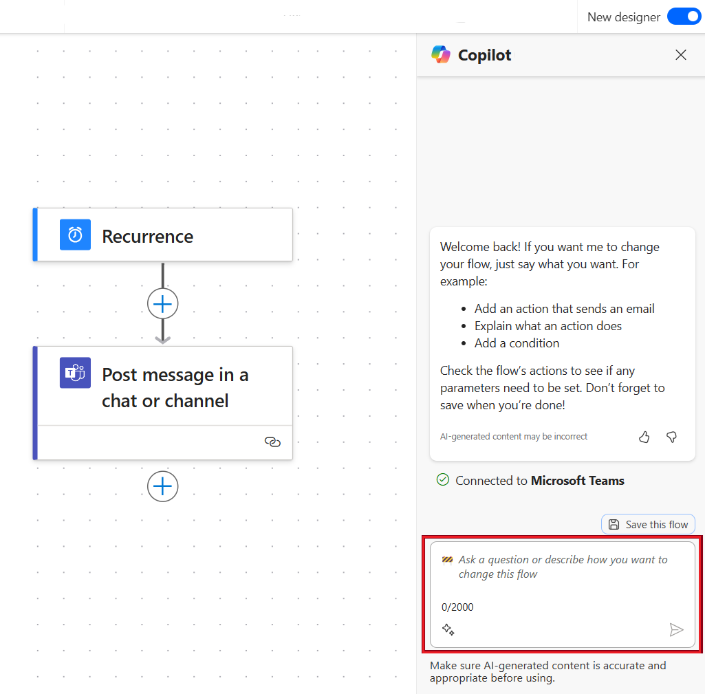 Screenshot des Cloud-Flow-Designers mit Copilot, der Ihren Flow anzeigt.