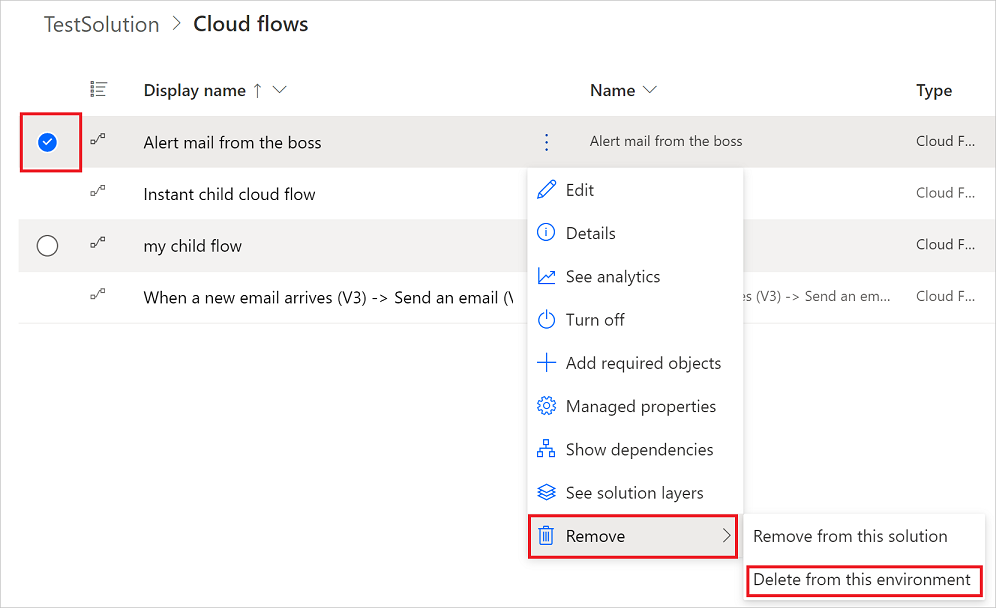 Ein Screenshot, der die Option zum Löschen eines Flows aus einer hervorgehobenen Umgebung zeigt.