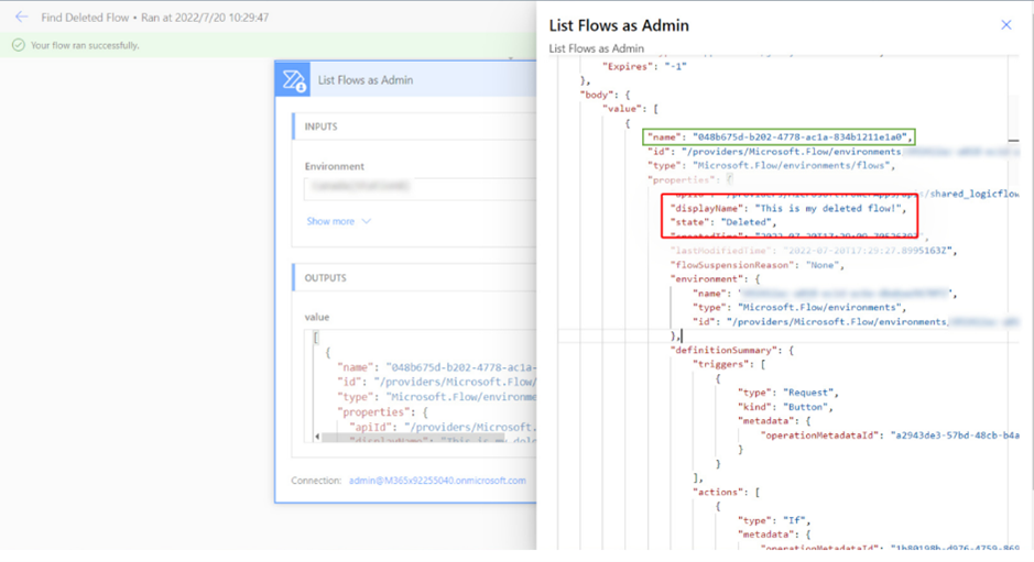 Screenshot des Flownamens in der Aktion Ausgabe.