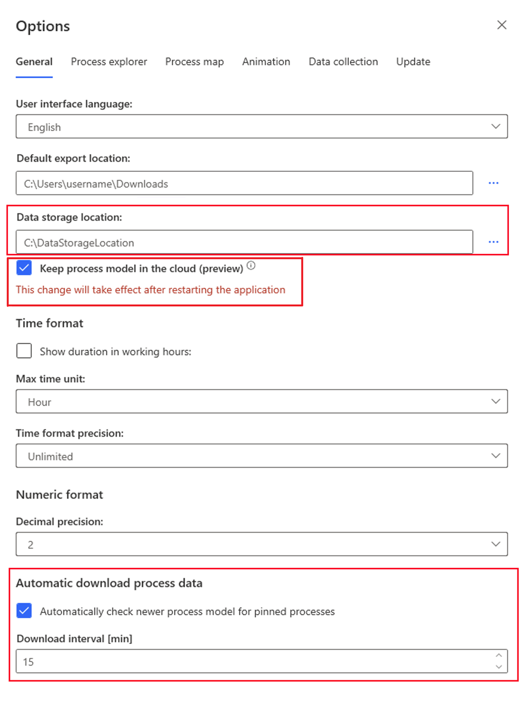 Screenshot des Bildschirms „Optionen“ mit aktivierter Option „Prozessmodell in Cloud behalten“