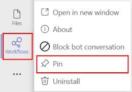 Screenshot des Anheftens der Workflows-App in Teams.
