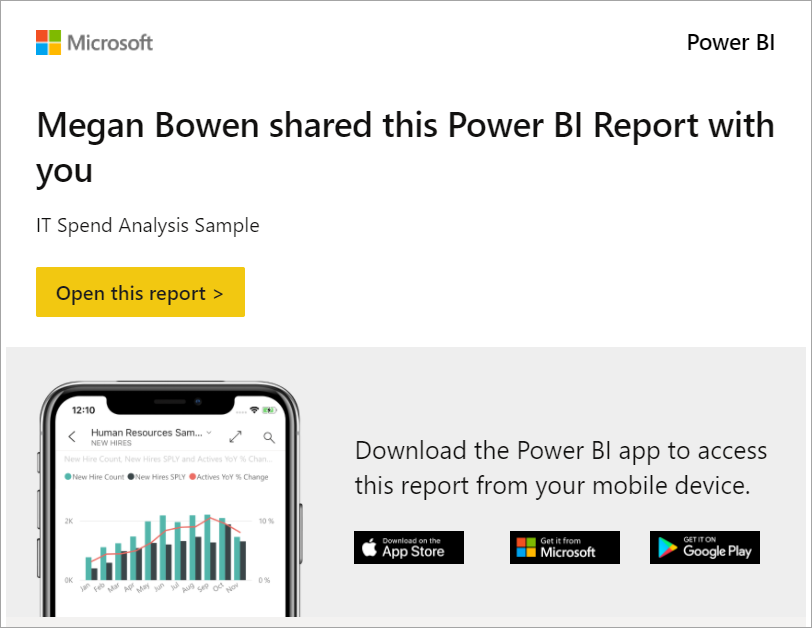 Screenshot: Nachricht, dass ein Power BI-Bericht freigegeben wurde, ein Link zum Bericht und Optionen zum Herunterladen der mobilen Power BI-App.