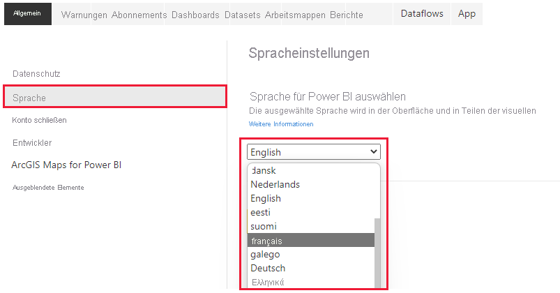 Screenshot: Registerkarte „Allgemein“ in den Einstellungen mit dem Dropdownmenü für die Sprache