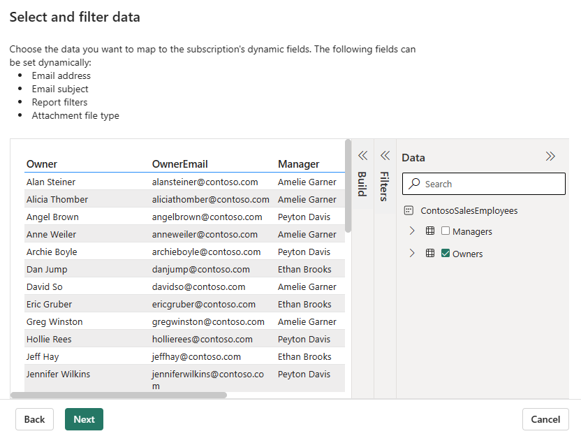 Screenshot des Power BI-Diensts mit dem Auswahl- und Filterschritt des Assistenten.