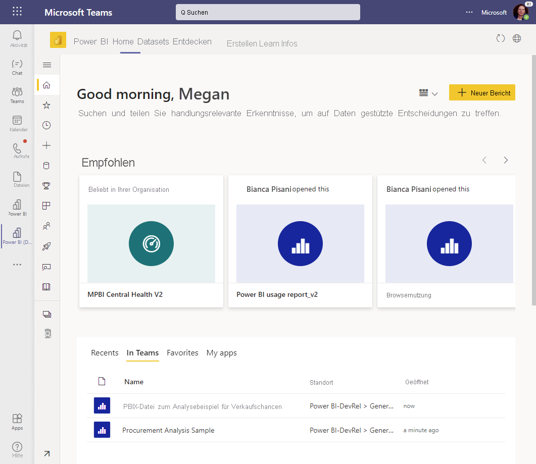 Screenshot der Startseite der Power BI-App in Microsoft Teams mit ausgewählter Registerkarte „In Teams