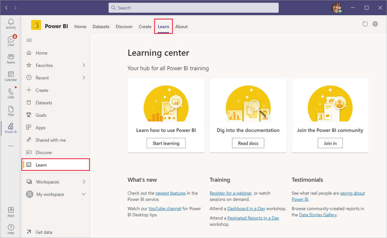 Screenshot des Lerncenters in der Power BI-App in Microsoft Teams. Die Registerkarte Learn ist in Teams und im Power BI-Navigationsbereich ausgewählt.