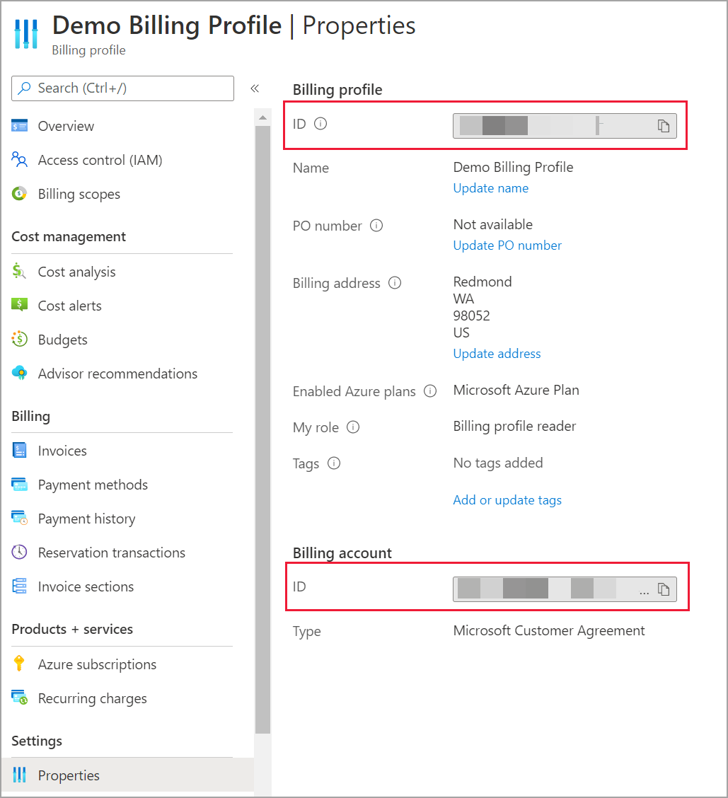 Screenshot der Microsoft Cost Management-Abrechnungskontoinformationen