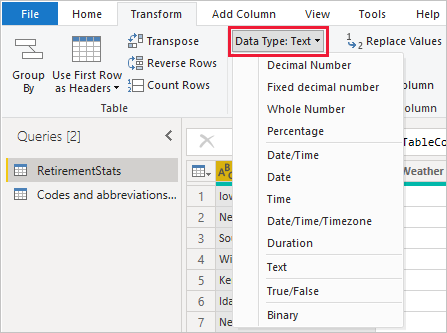 Screenshot of the Power Query Editor, showing the Data type dropdown selection.