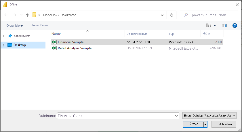 Screenshot shows a file selection dialog with Financial Sample selected.