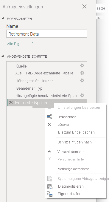 Screenshot: Kontextmenü „Angewendete Schritte“ von Power Query-Editor.