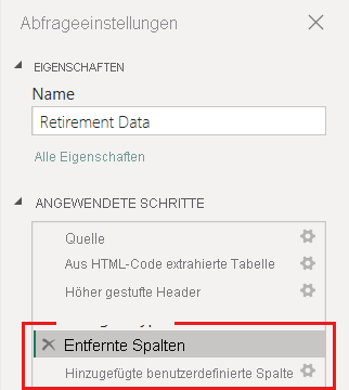 Screenshot: Liste der angewendeten Schritte von Power Query-Editor mit dem Schritt „Entfernte Spalten“, die jetzt über den Schritt „Benutzerdefinierte Spalte“ verschoben wurden.